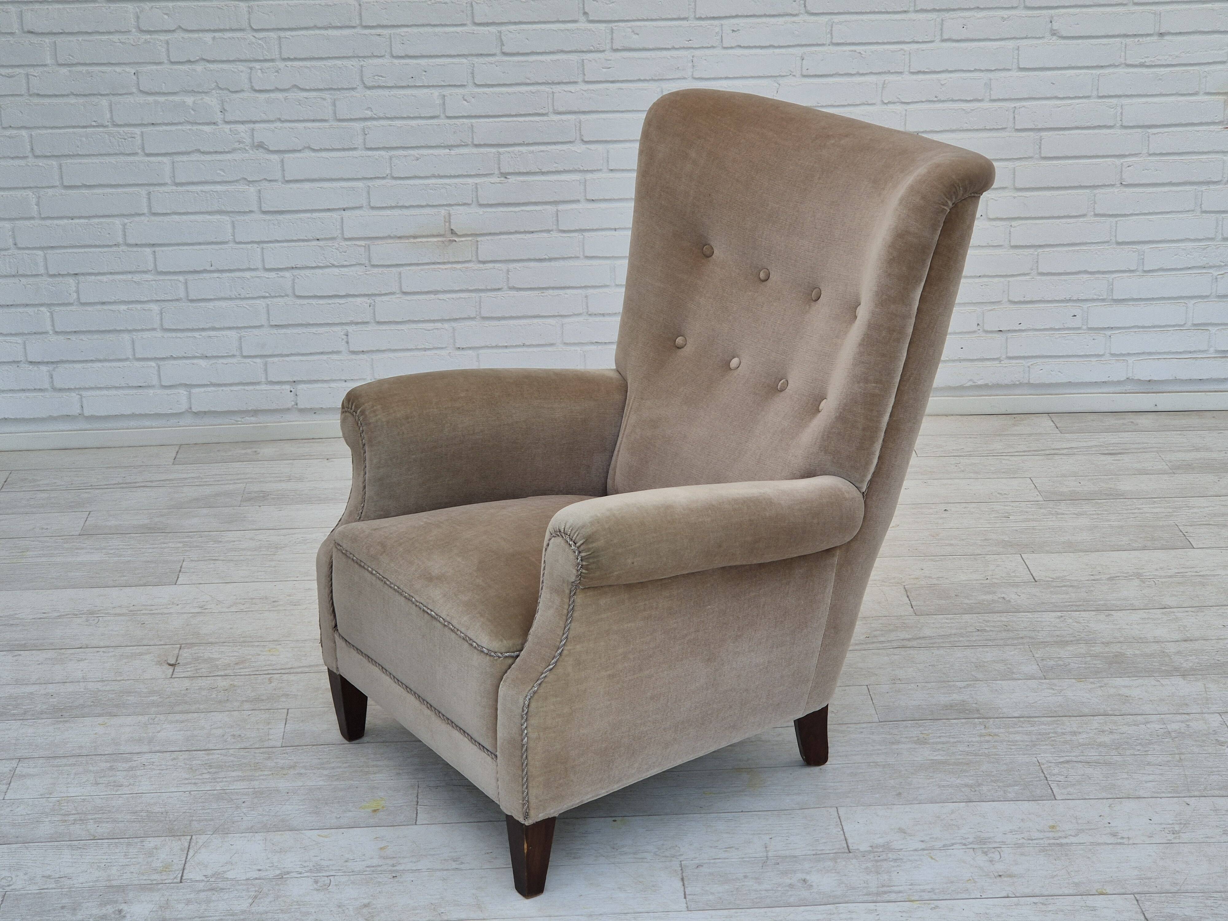 1970s, Danish highback armchair, original condition, furniture velour, bech wood.