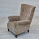 Années 1970, fauteuil danois à dossier haut, état d'origine, meuble velours, bois de hêtre.