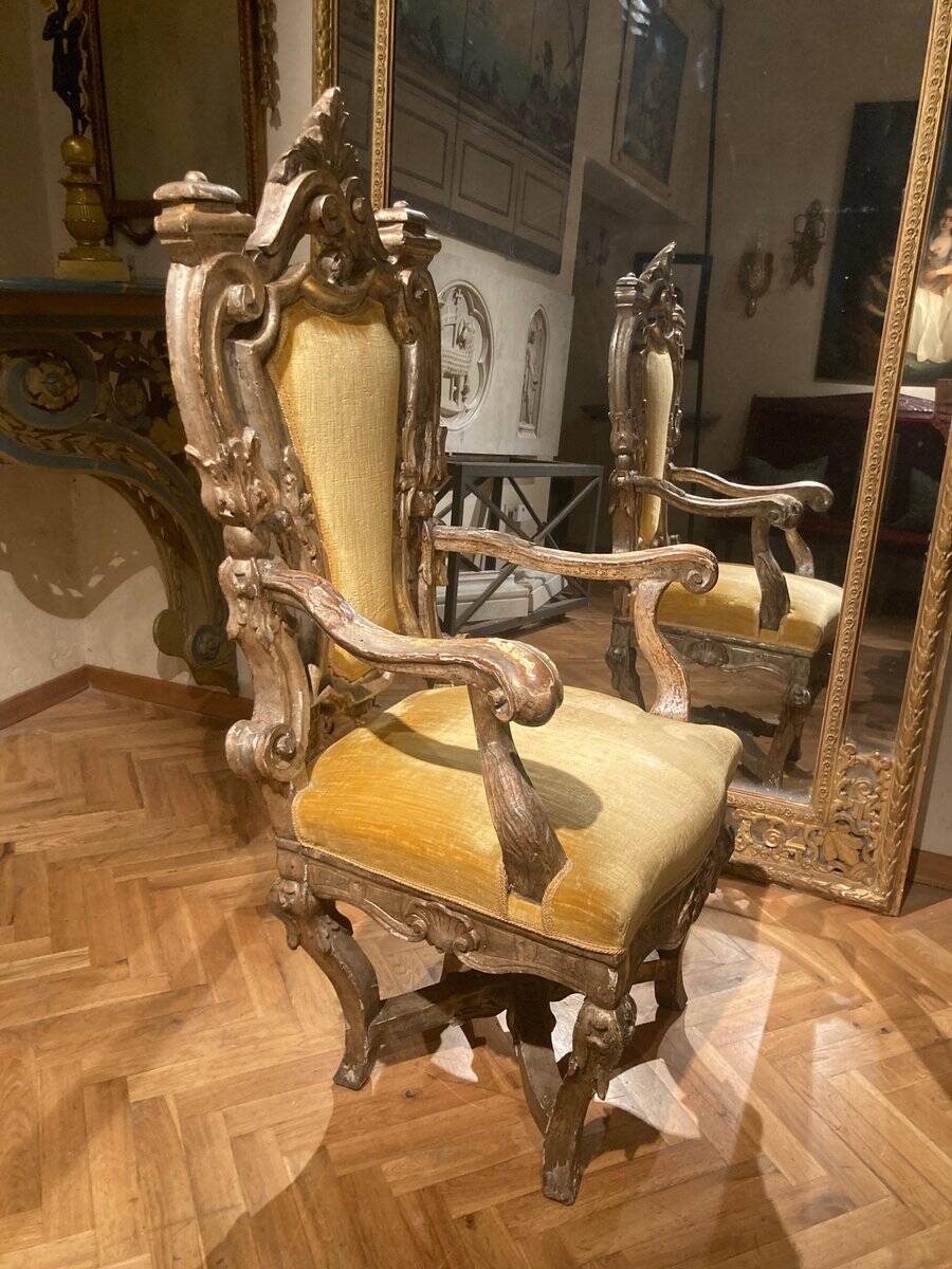 Italian Rococo Silver Mecca Giltwood Throne Armchair, Rome, 18th Century