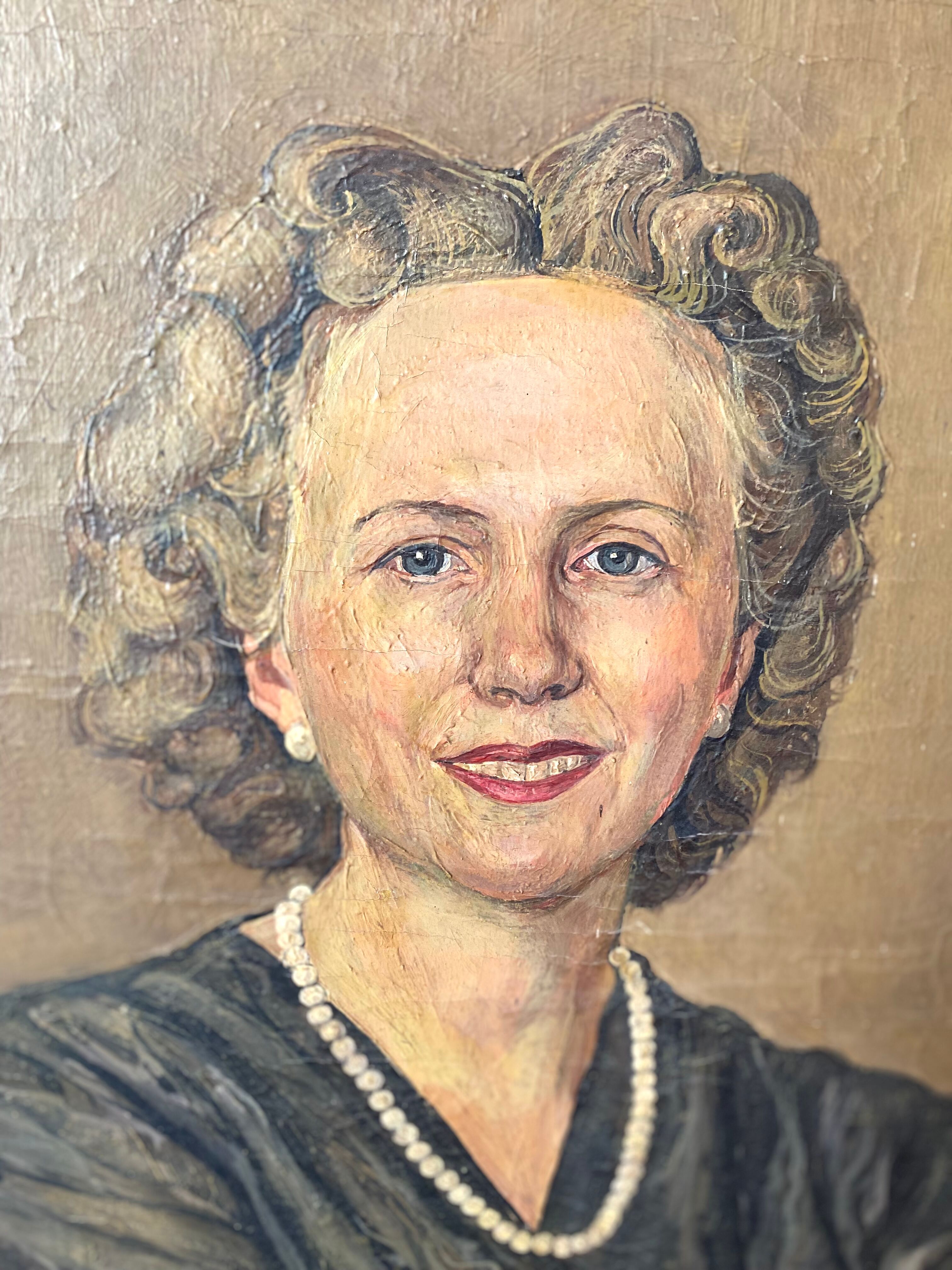 Oil portrait on canvas of an elegant vintage woman 50s