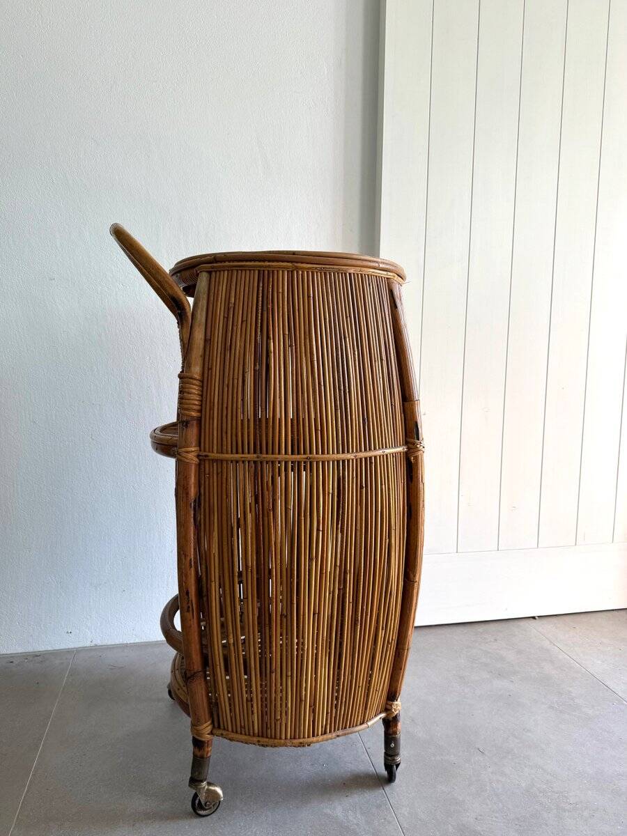 Vintage Bar Sports in bamboo and wicker bar cart, 1970s