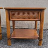 Pair of rattan and wood bedside tables from the 80s