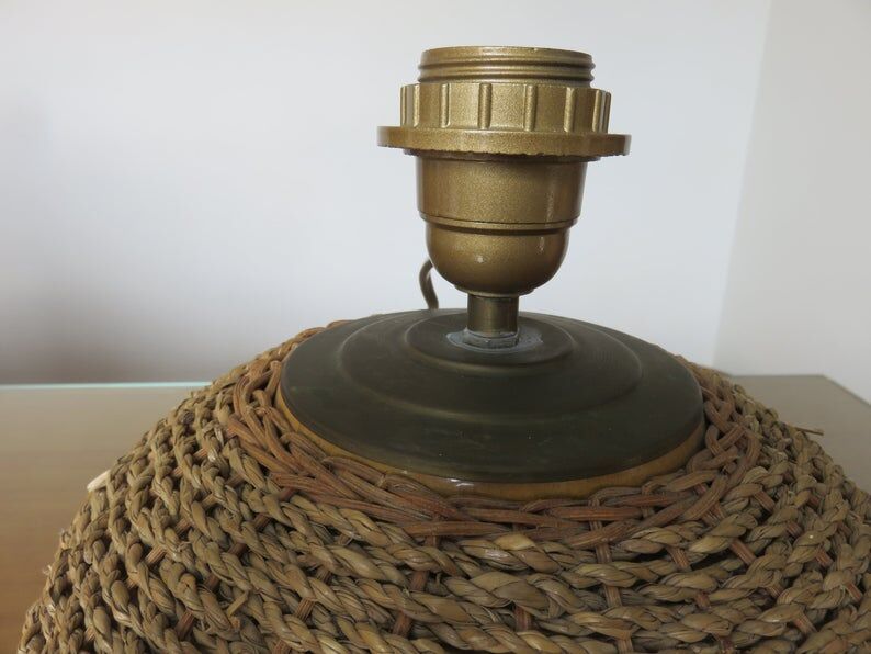 Ball lamp in rope, rattan, ceramic and brass 70s