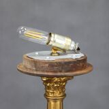 1940s Restored Brass Table Lamp with Wooden Base and Glass Shade