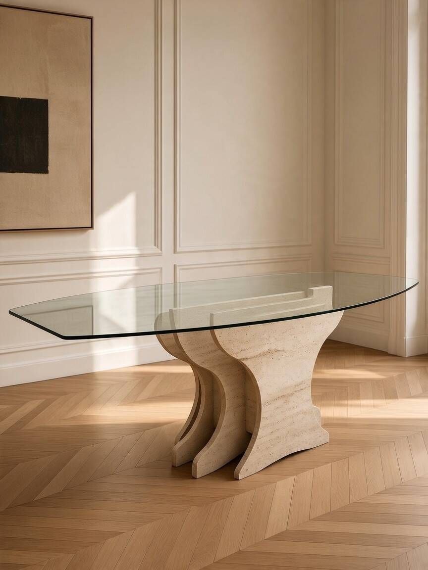 Large vintage dining table in beige stone and glass – 220 cm