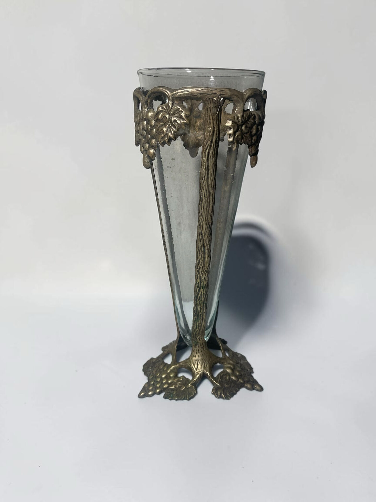 Antique Art Nouveau vase in patinated bronze metal with removable glass.