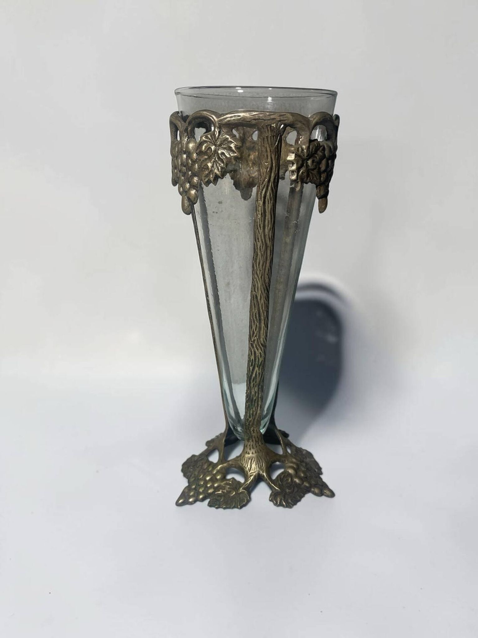Antique Art Nouveau vase in patinated bronze metal with removable glass.