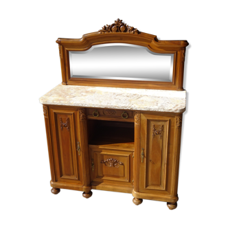 Buffet art nouveau en noyer blond avec marbre et miroir