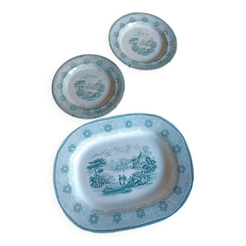 large 19th century earthenware dish and plates with Chinese decor