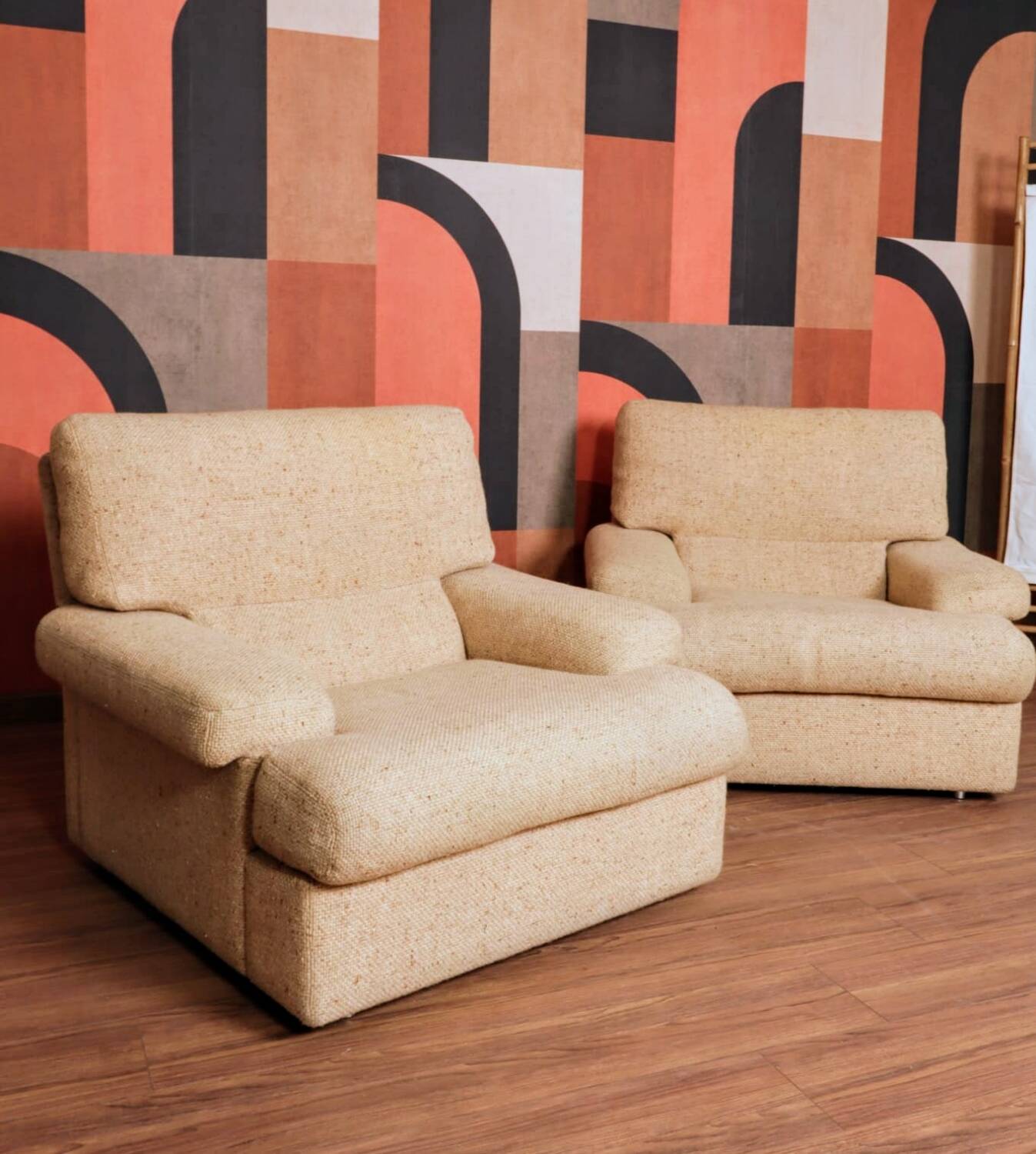 2 minimalist beige armchairs, 1970