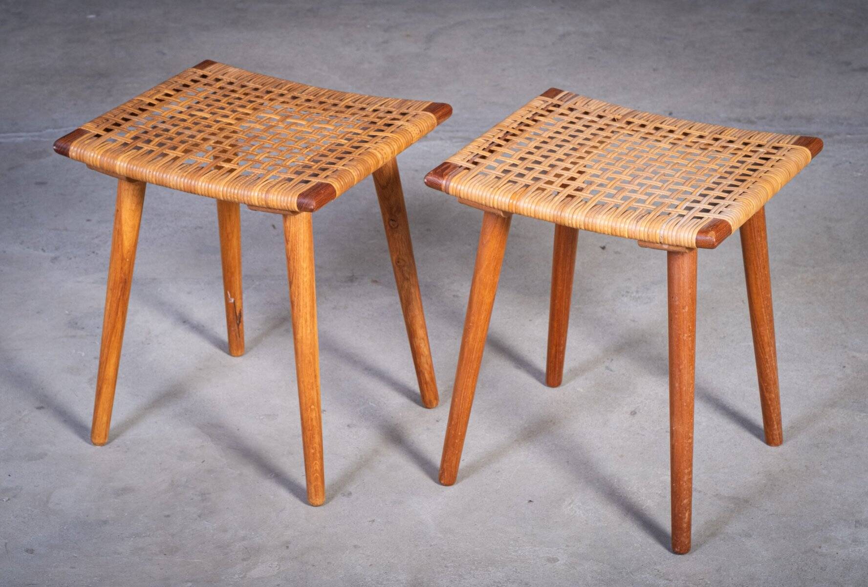 Teak Stools with Caning, 1960s, Set of 2