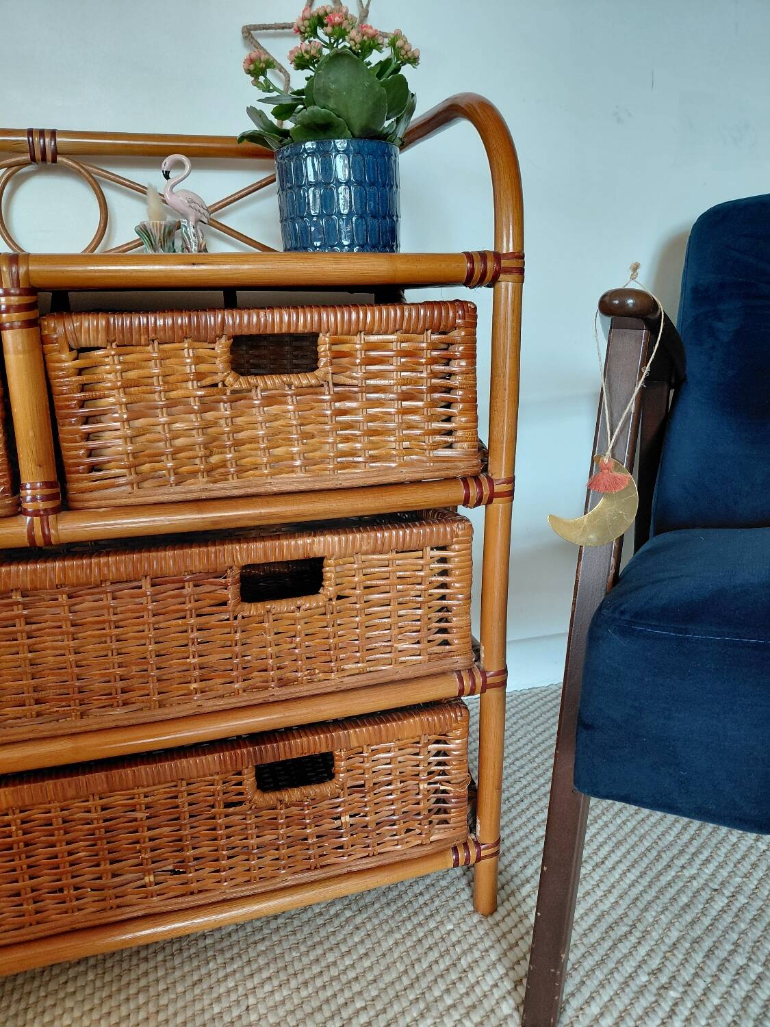 Commode vintage en rotin 4 tiroirs-esprit bohème-bord de mer