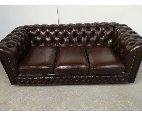 Sofa chesterfield brown leather three seater bamboo | Selency