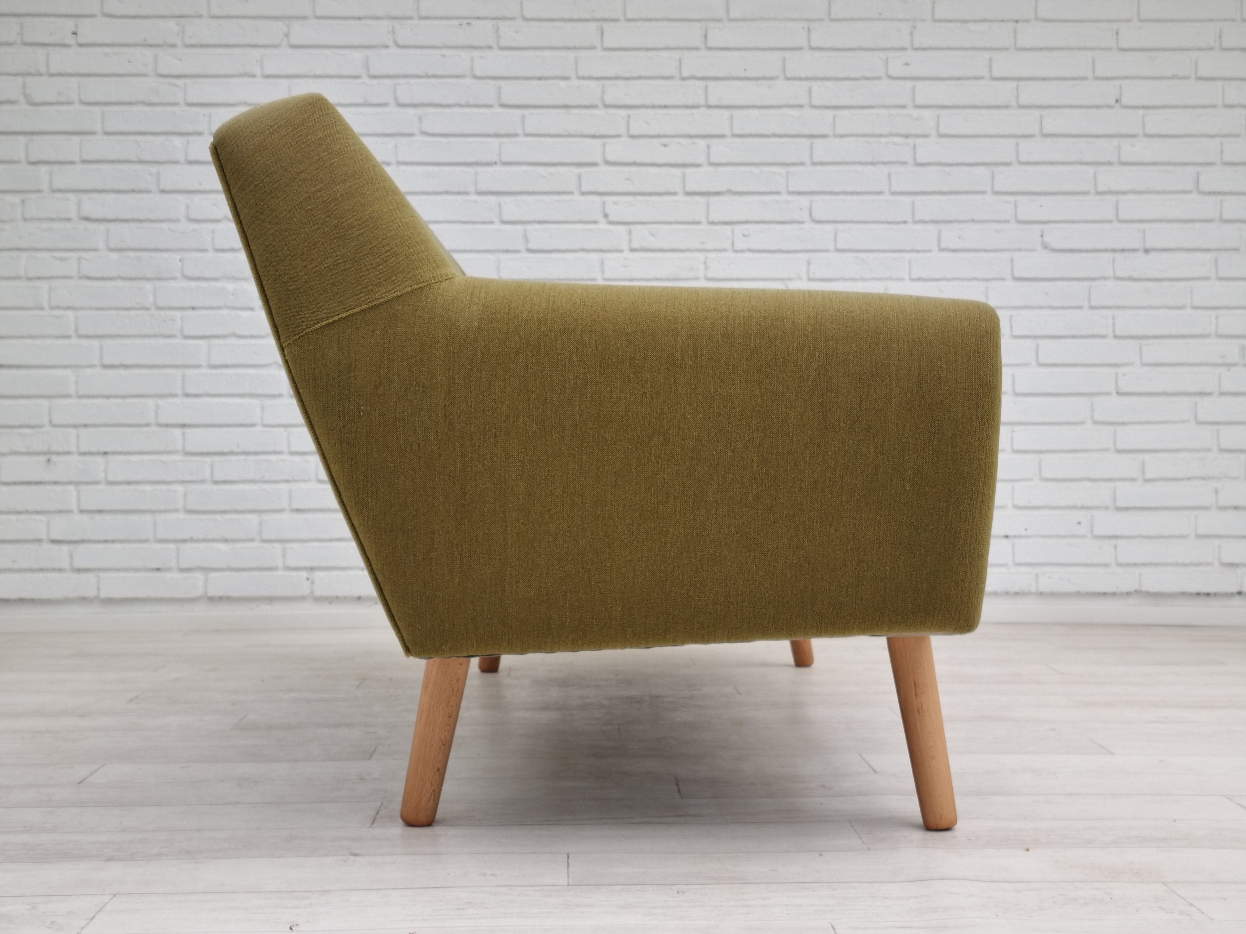 1970s, Danish 3-seater sofa, original very good condition, green furniture fabric, oak