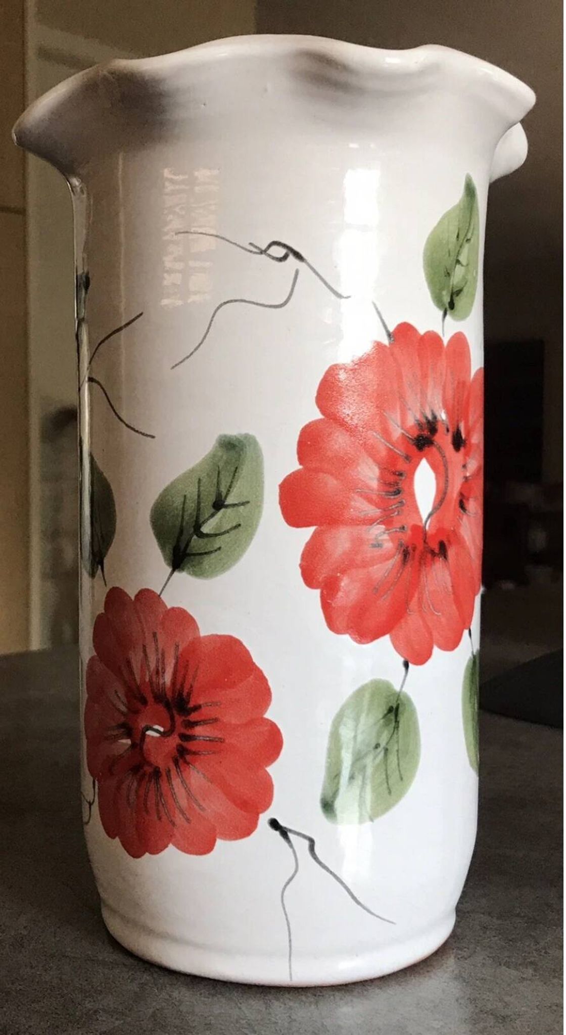 Vase, vintage glazed terracotta pottery, with signed floral decoration