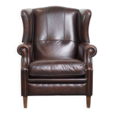 Très beau fauteuil à oreilles en cuir de vachette de style anglais