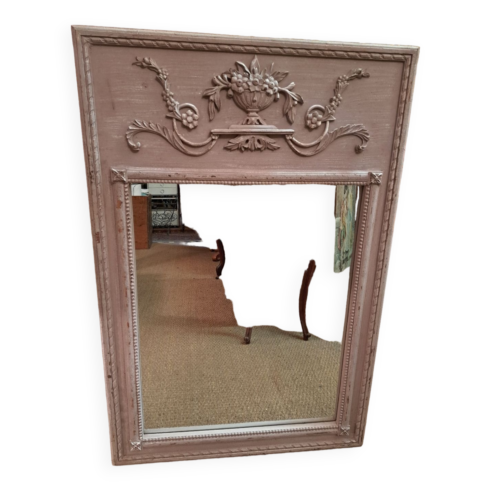 Louis XVI style trumeau mirror in patinated wood