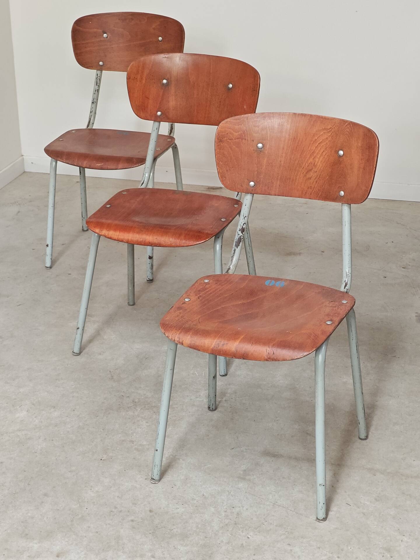 Set of 3 Czech school chairs in metal and wood.