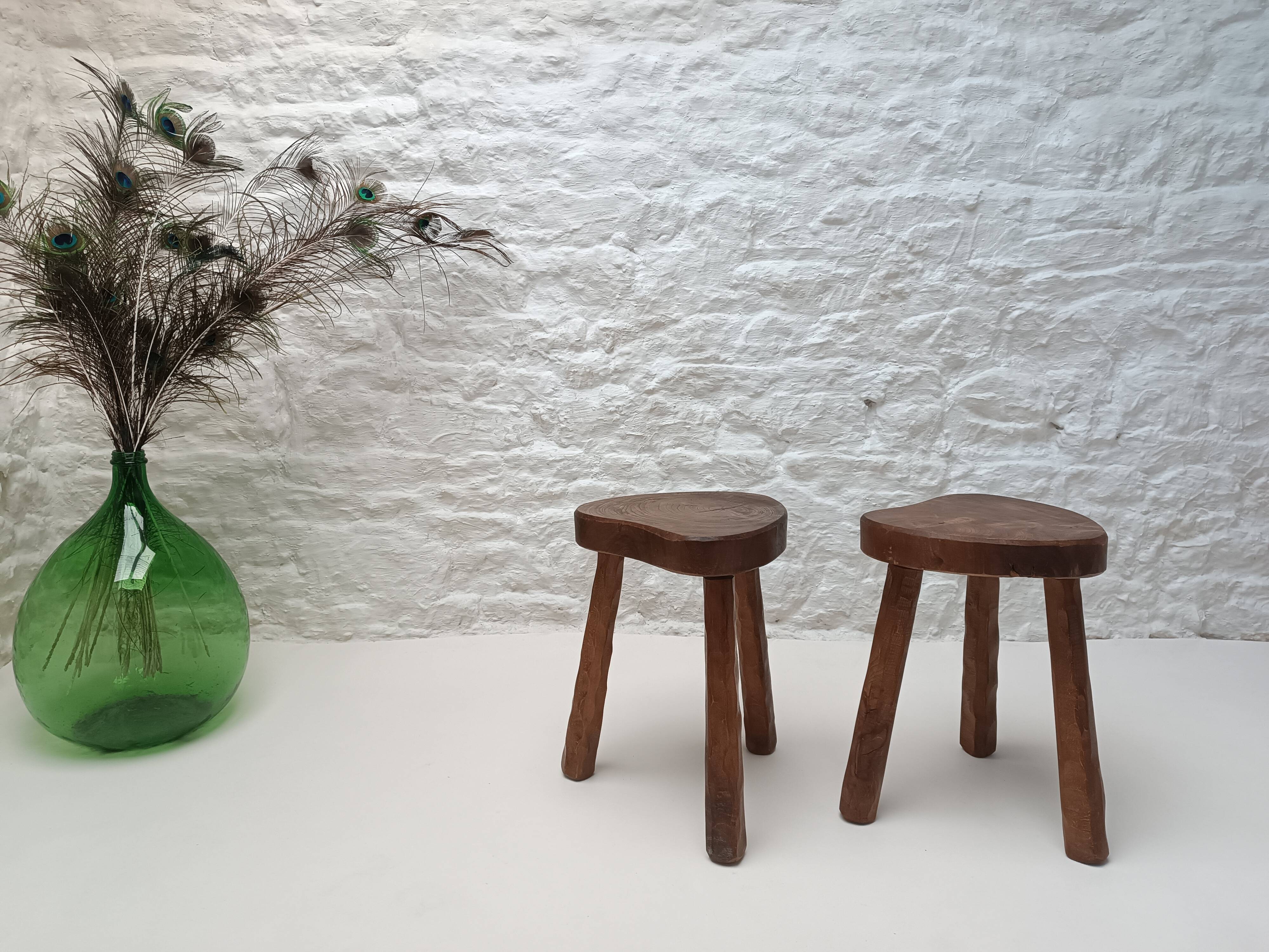 Pair of tripod stools in vintage 50s/60s brutalist elm.