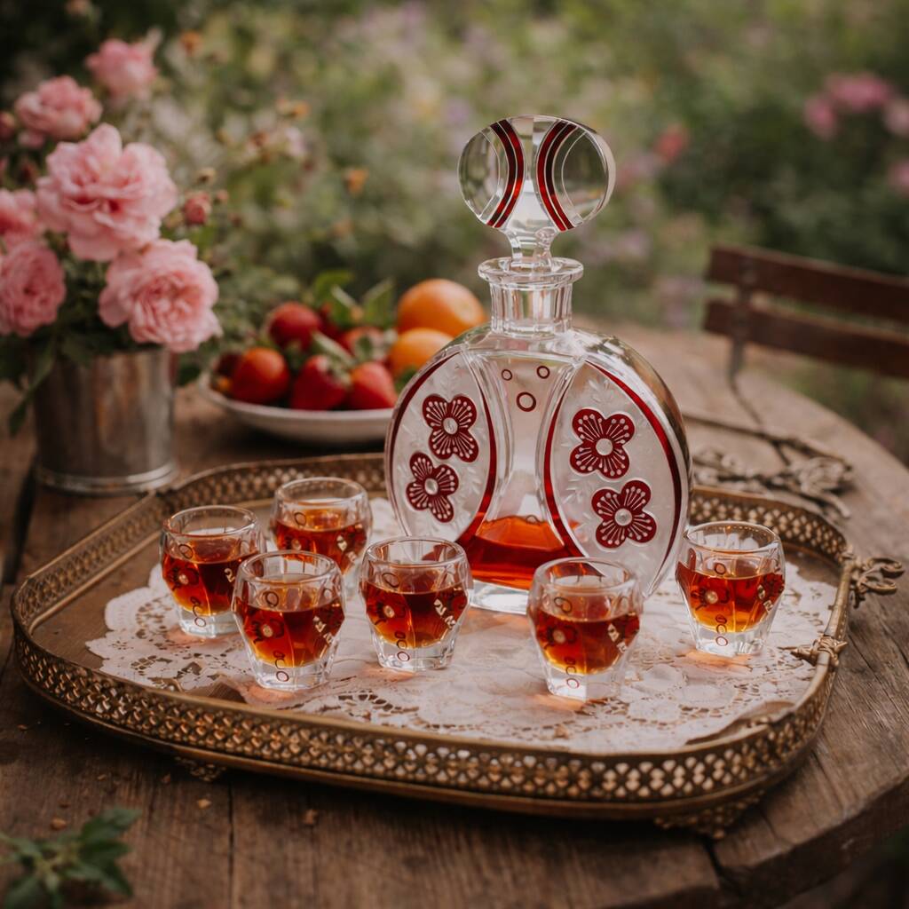 Vintage liqueur service in decorated red glass – decanter and 7 glasses
