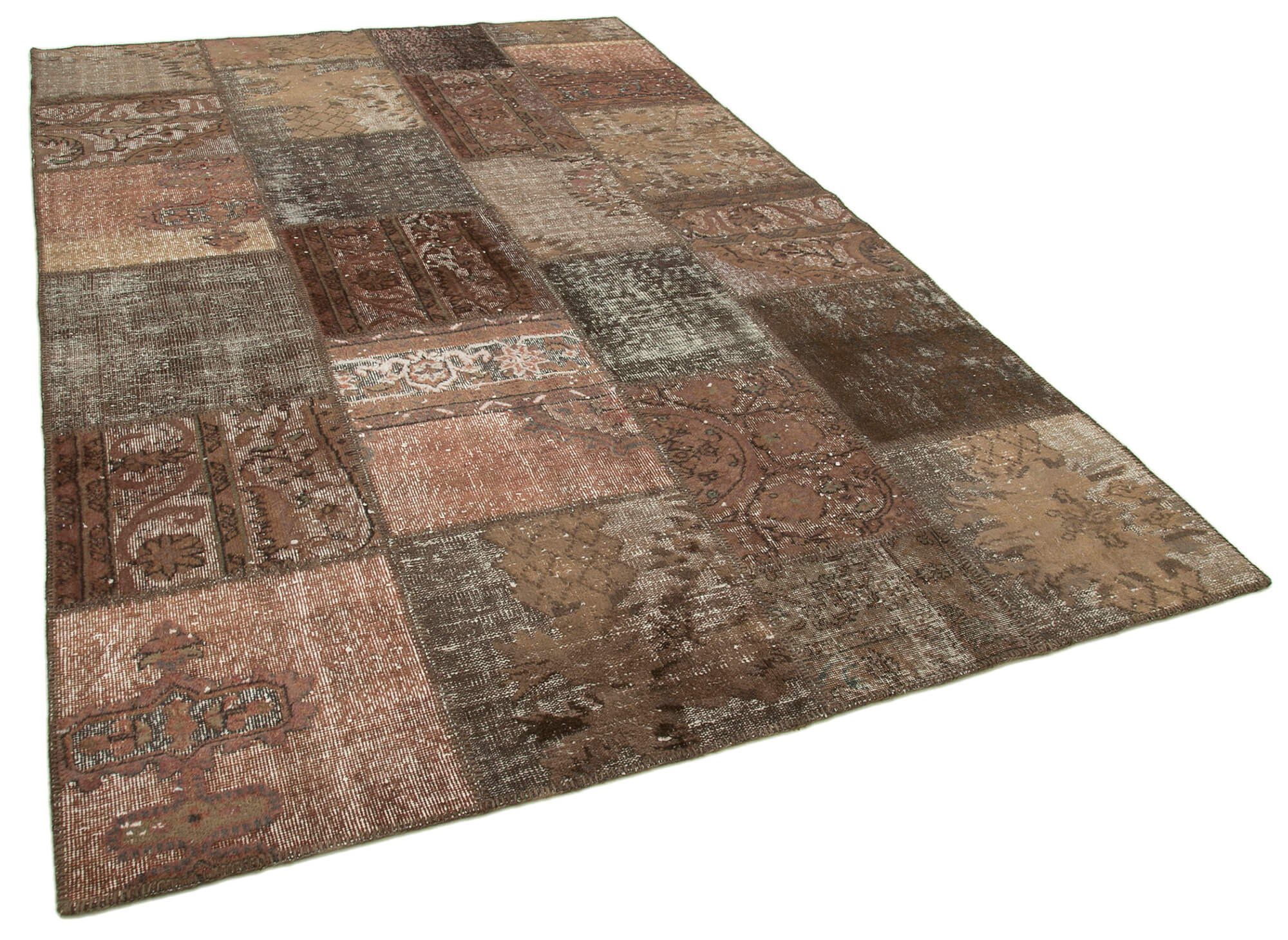 Handwoven oriental vintage 198 cm x 302 cm brown patchwork carpet