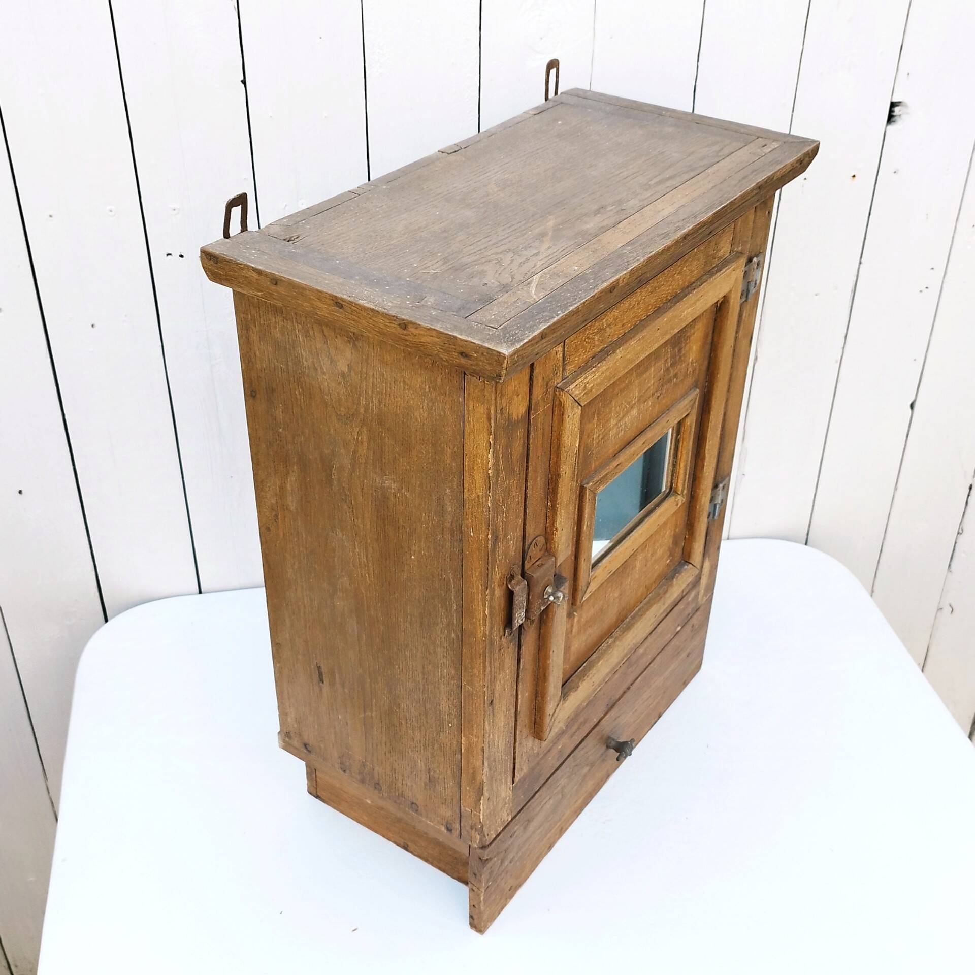 Vintage folk art mirror wall storage unit