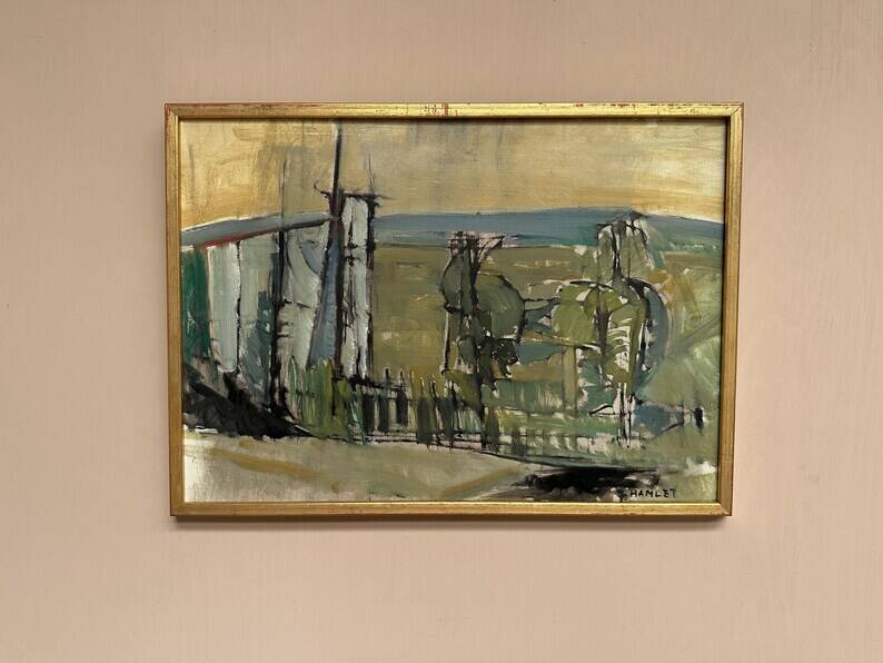 Original Swedish Oil on Canvas – “Abstract Landscape” by S. Hamlet – Dated 1960 – Vintage and Framed – 66 × 48 cm (26" × 18.9")