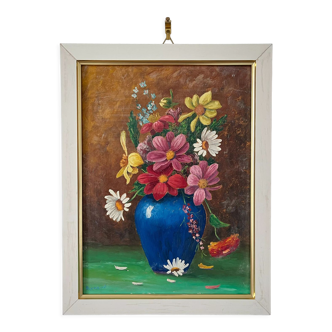 Old painting painting on cardboard bouquet of flowers signed Arnaud