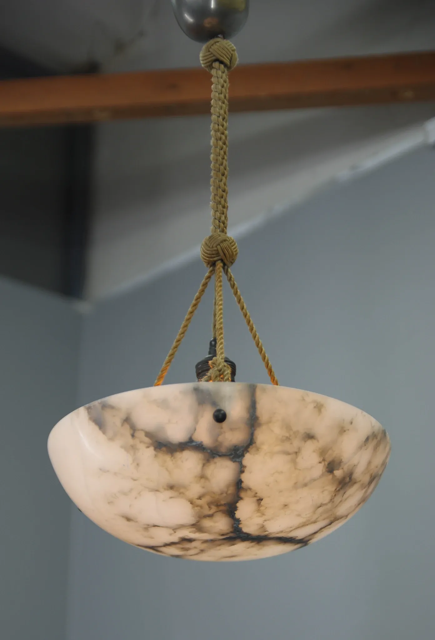 Art Deco Alabaster Pendant Light, Hand-Carved, 1920s