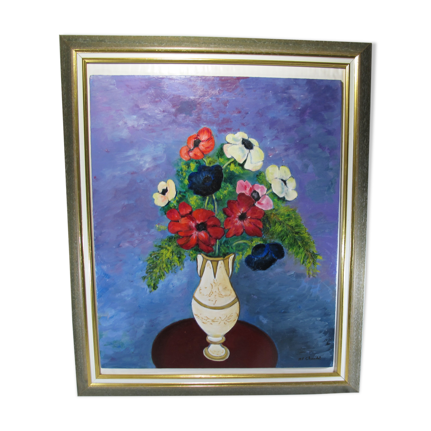 Oil painting on wood panel still life vase bouquet of flowers signed