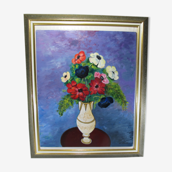 Peinture à l’huile sur panneau de bois nature morte vase bouquet de fleurs signé