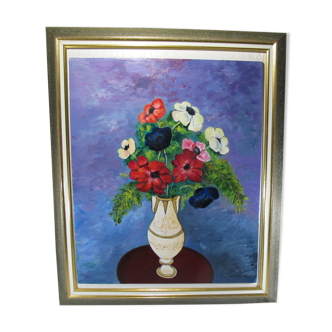 Peinture à l’huile sur panneau de bois nature morte vase bouquet de fleurs signé