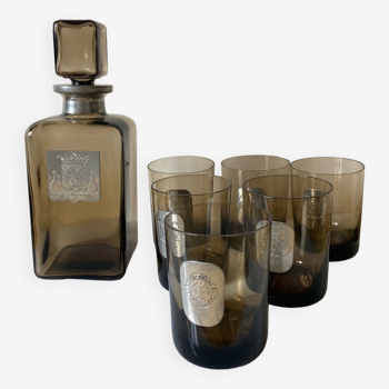 Alcohol carafe with 6 glasses in smoked glass and pewter