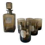 Alcohol carafe with 6 glasses in smoked glass and pewter