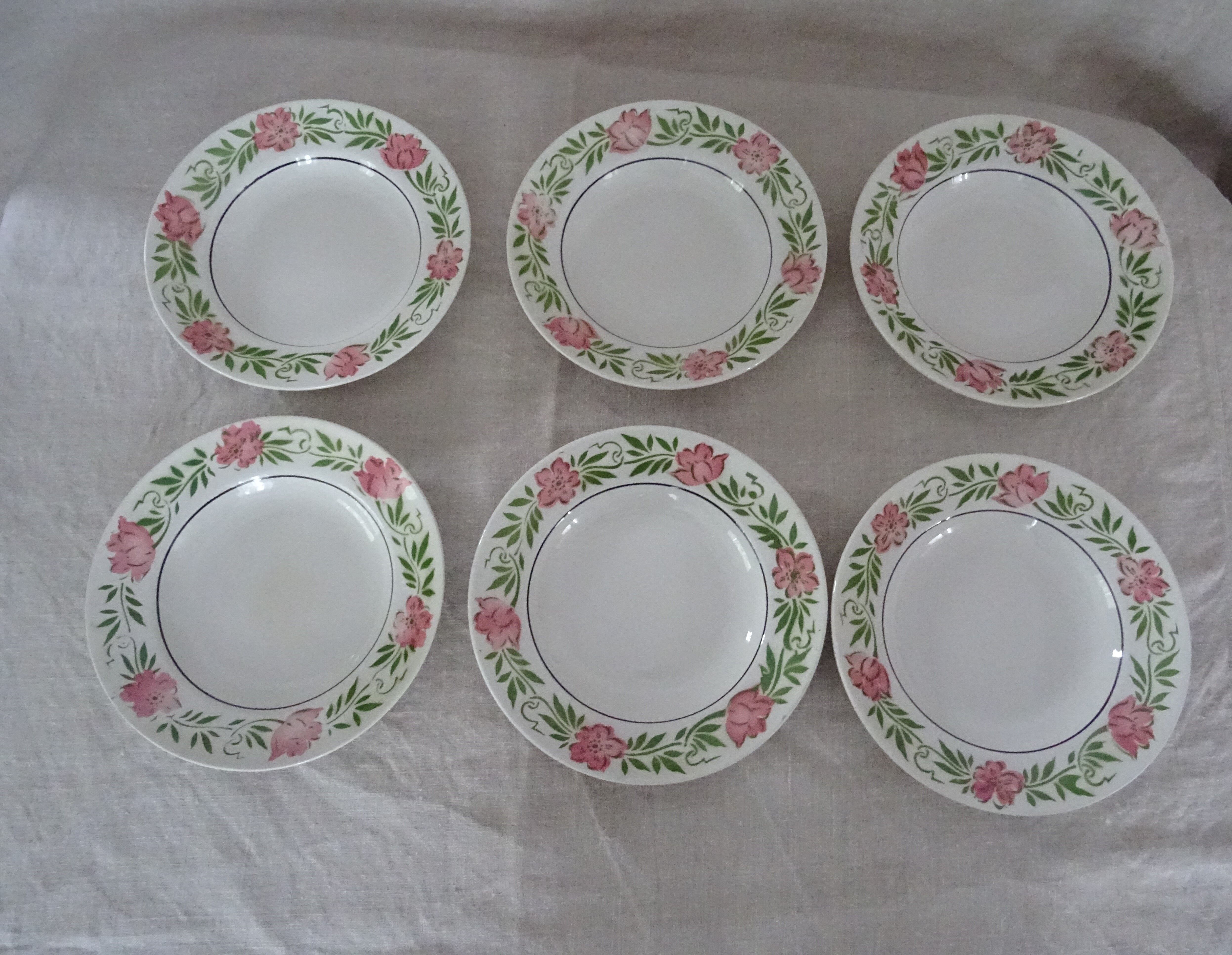6 Plates wolf mill decoration flowers pink and green faience old