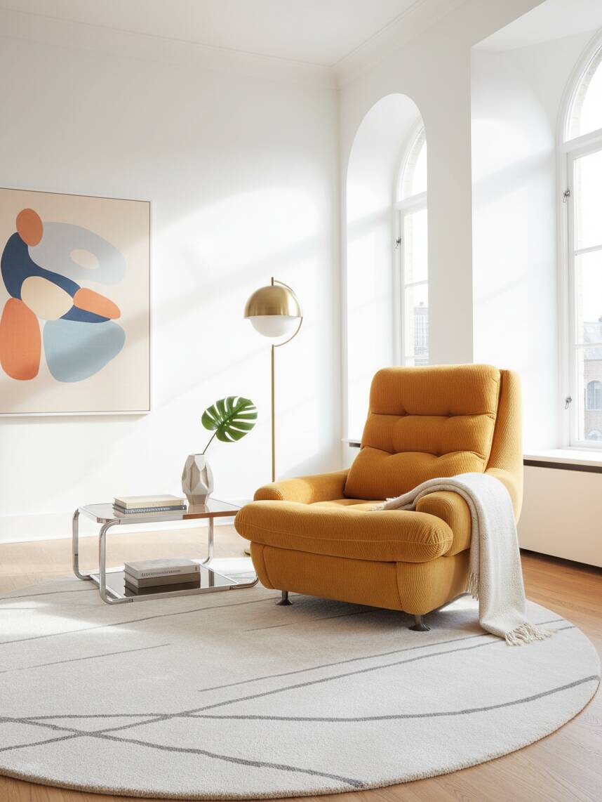 Fauteuil lounge velours côtelé "Gamba S.A. Paris" – Teinte Pêche / Abricot