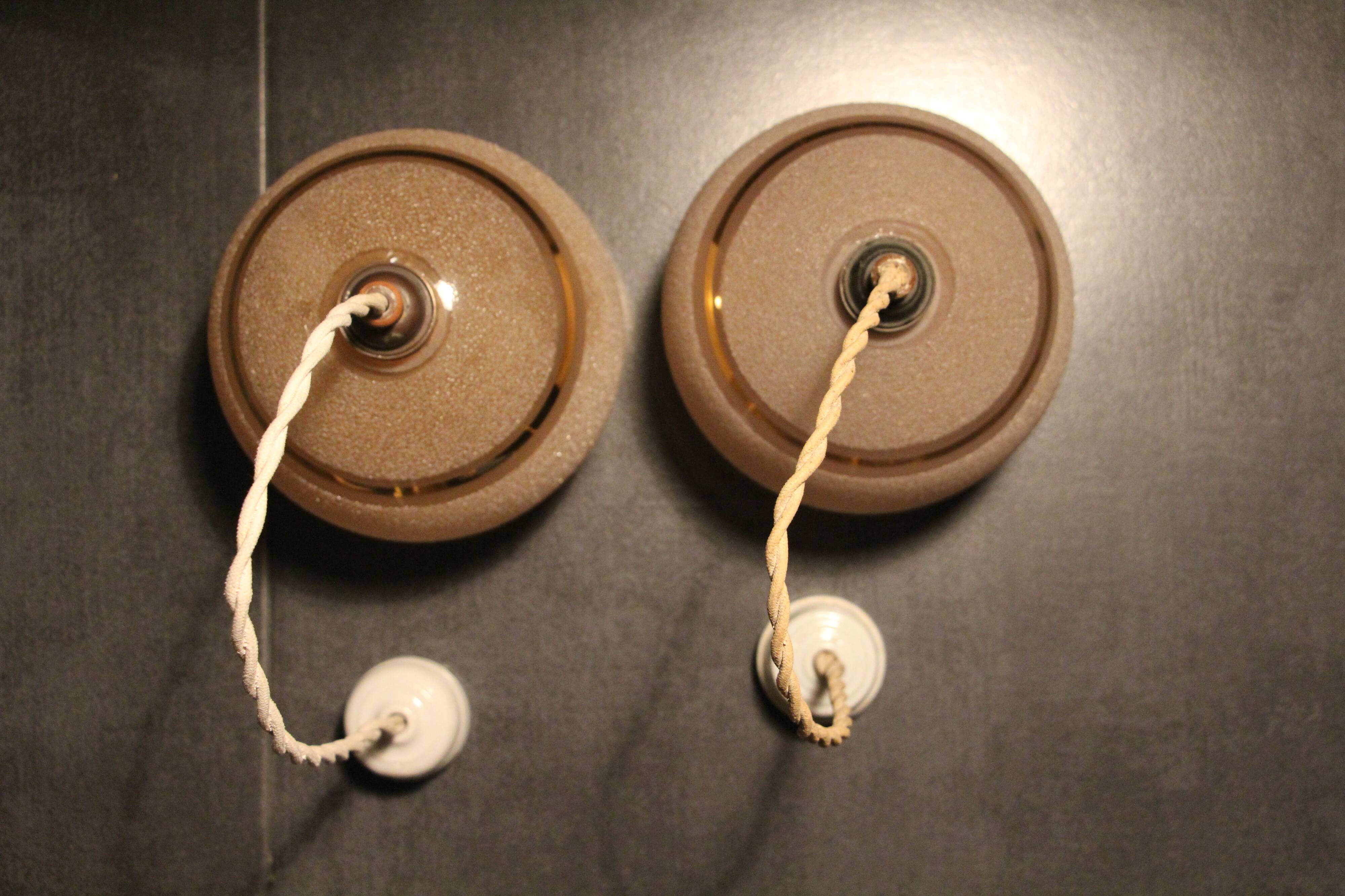 Set of two Art Deco pendant lamps in pink and gold glass