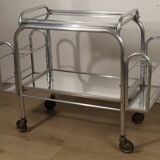 Desserte roulante vintage années 70 en métal chromé et verre miroir