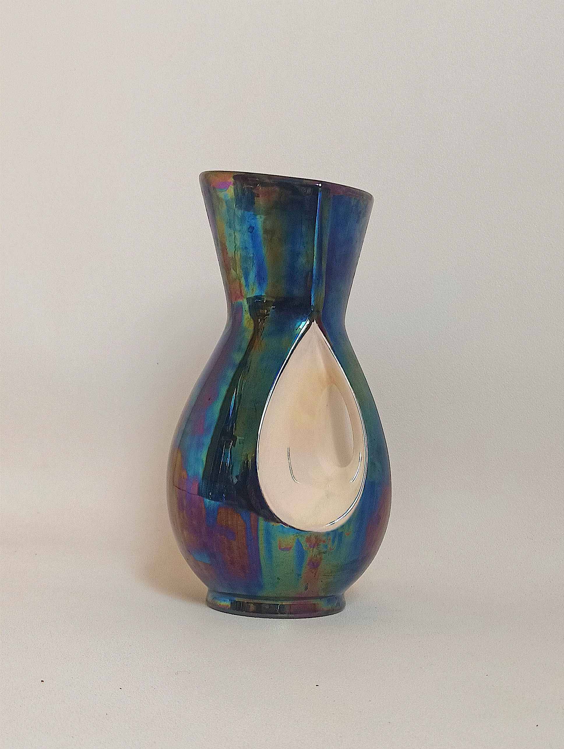 Verceram vase iridescent blue ceramic 60s Height 26,7 cm