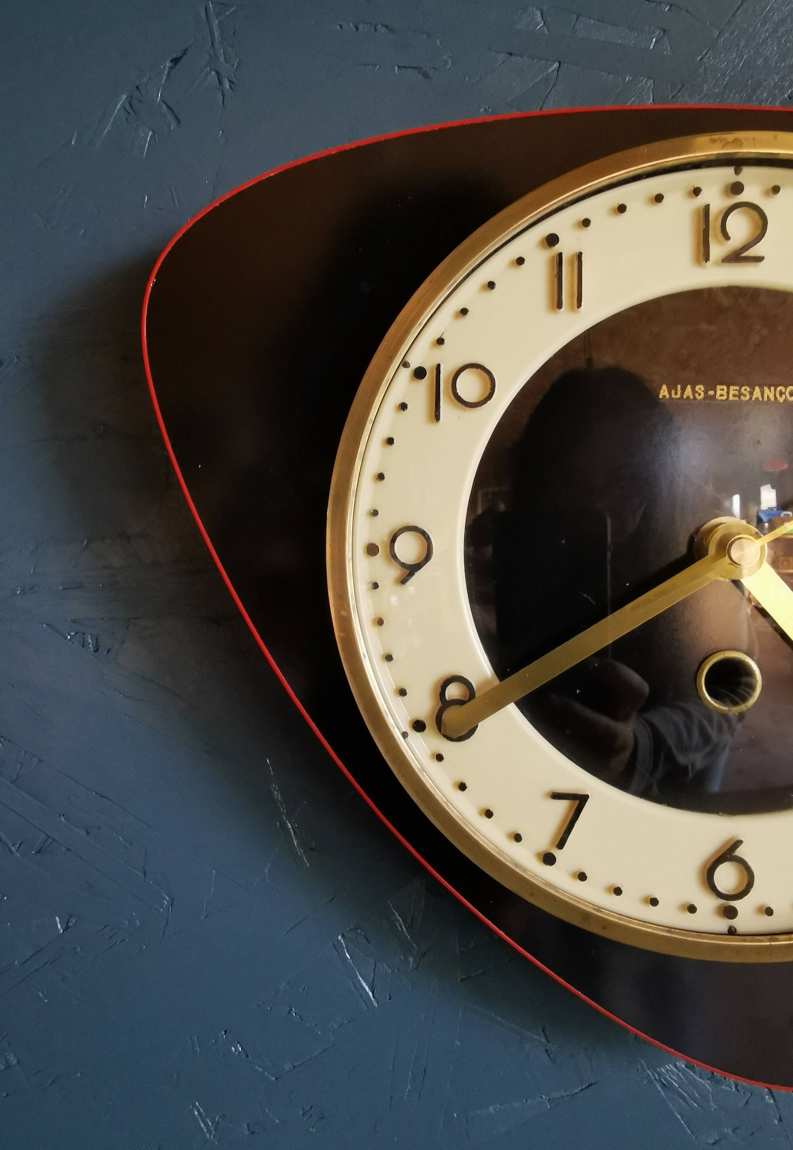 Vintage formica clock silent asymmetrical wall clock "Ajas Besançon black red"
