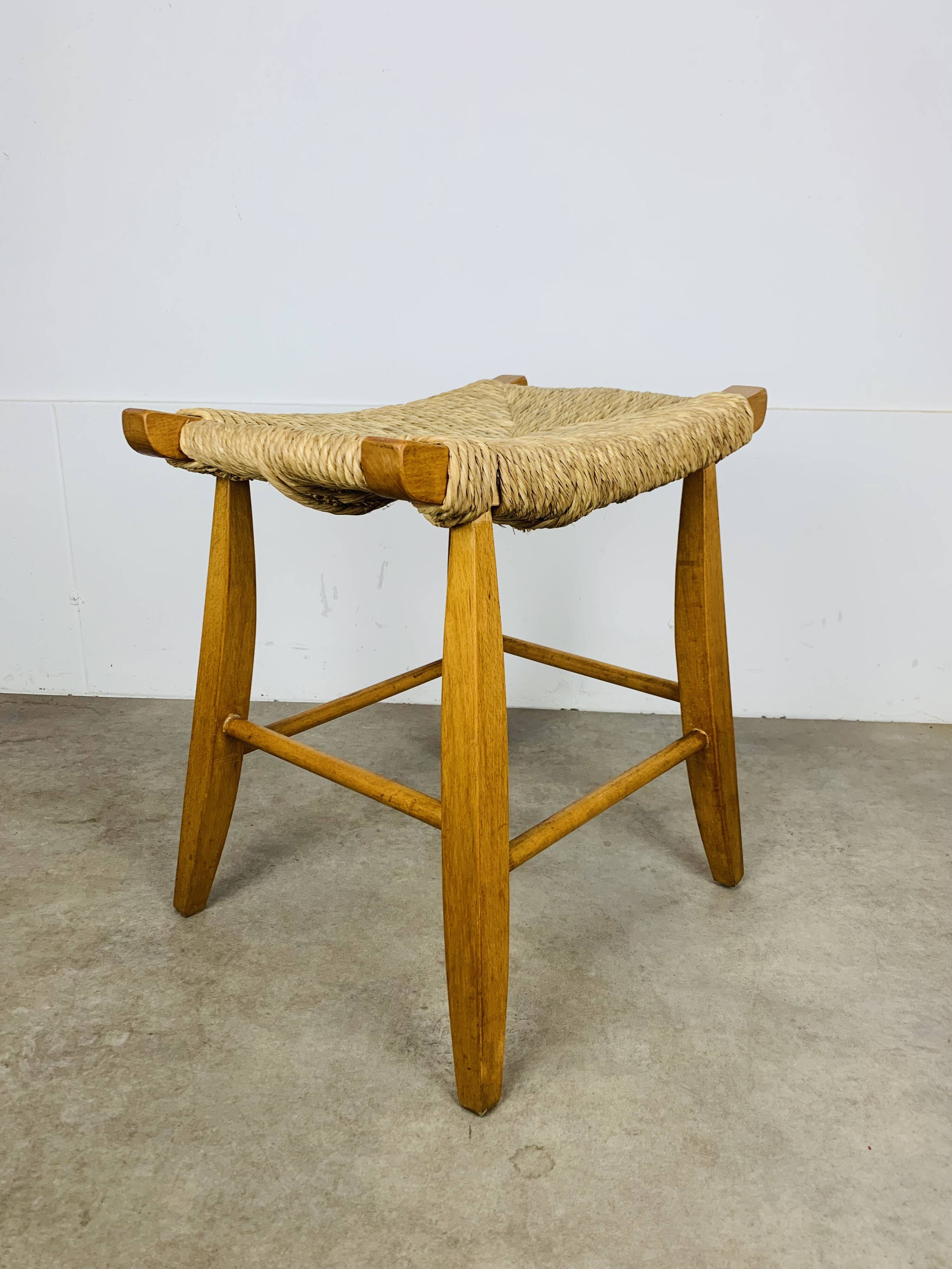 Bull stool straw and wood, Swiss design, 1950s