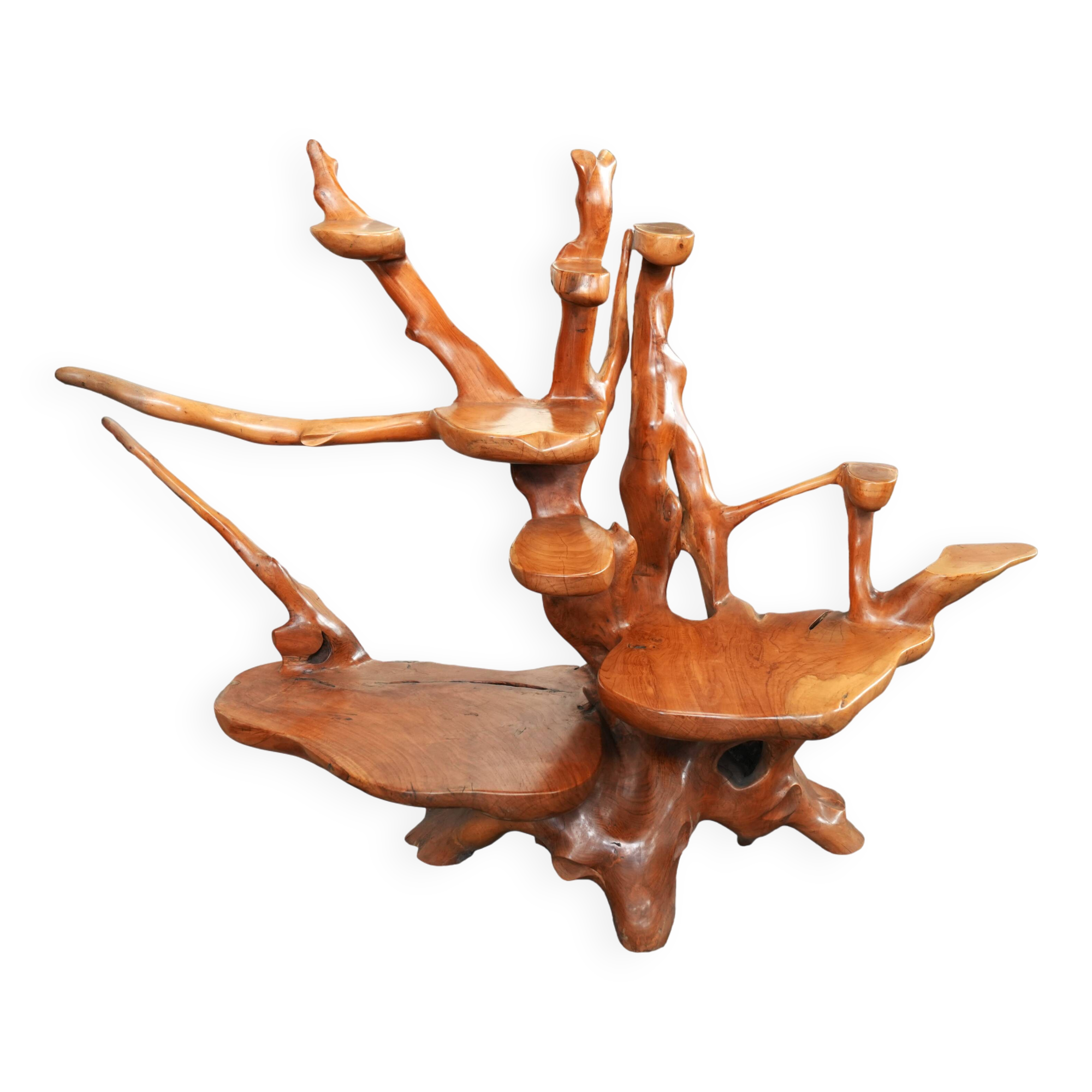 Modern Rustic Adirondack Planter & Pedestal – Organic Wood Art with 3 Shelv