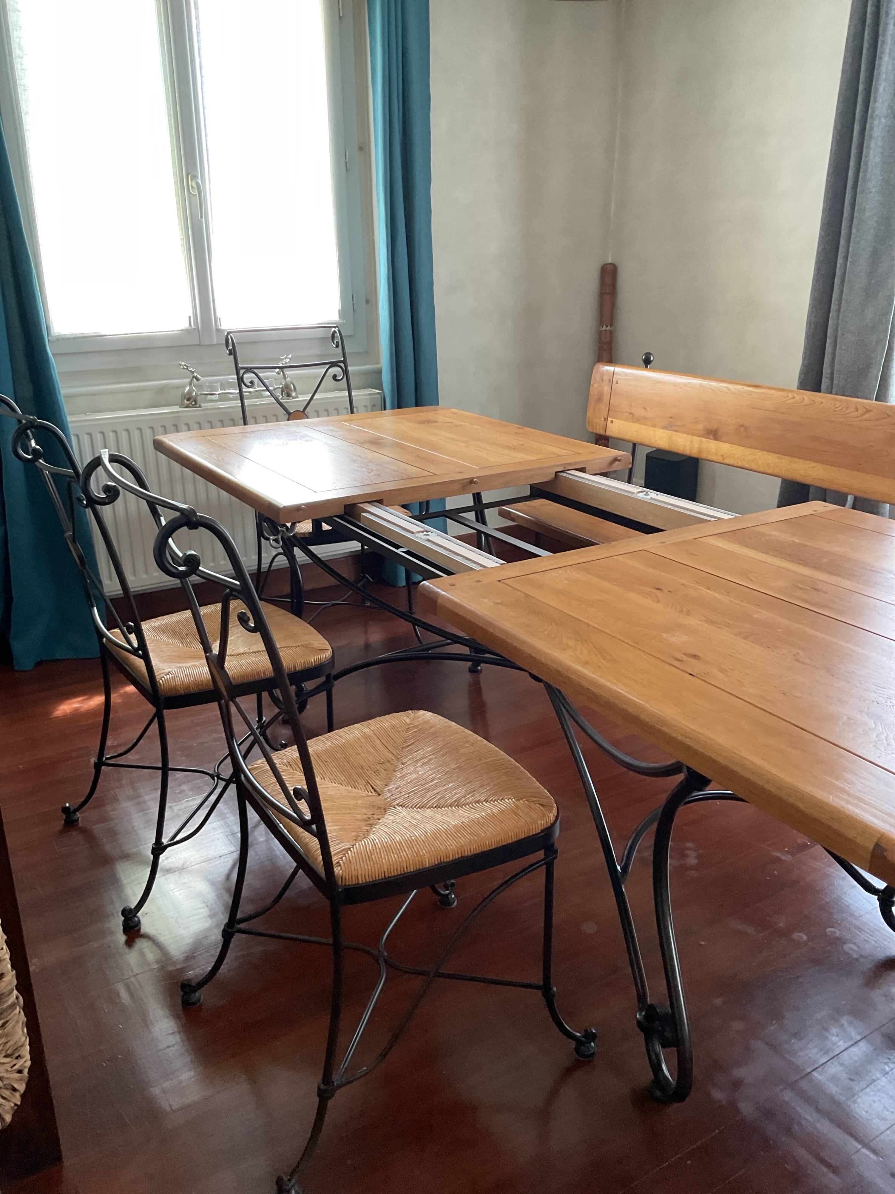 Dining set (two chairs, one armchair, one bench, and one table)