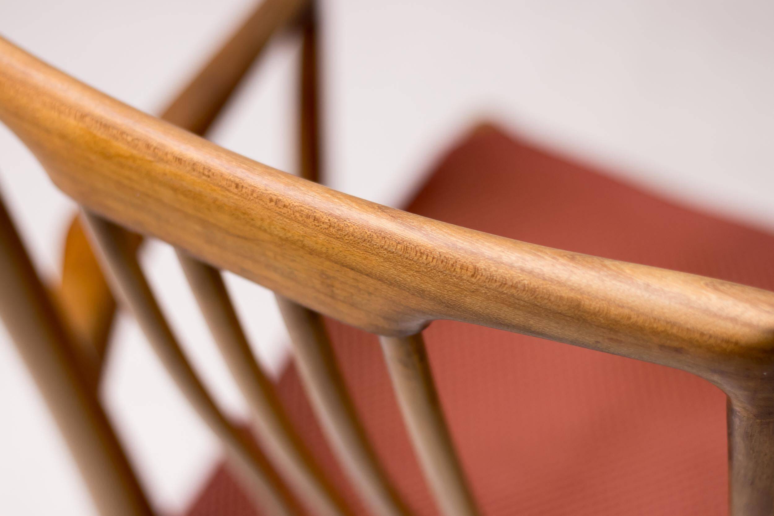 Set of six carved walnut dining chairs, Italy, 1955