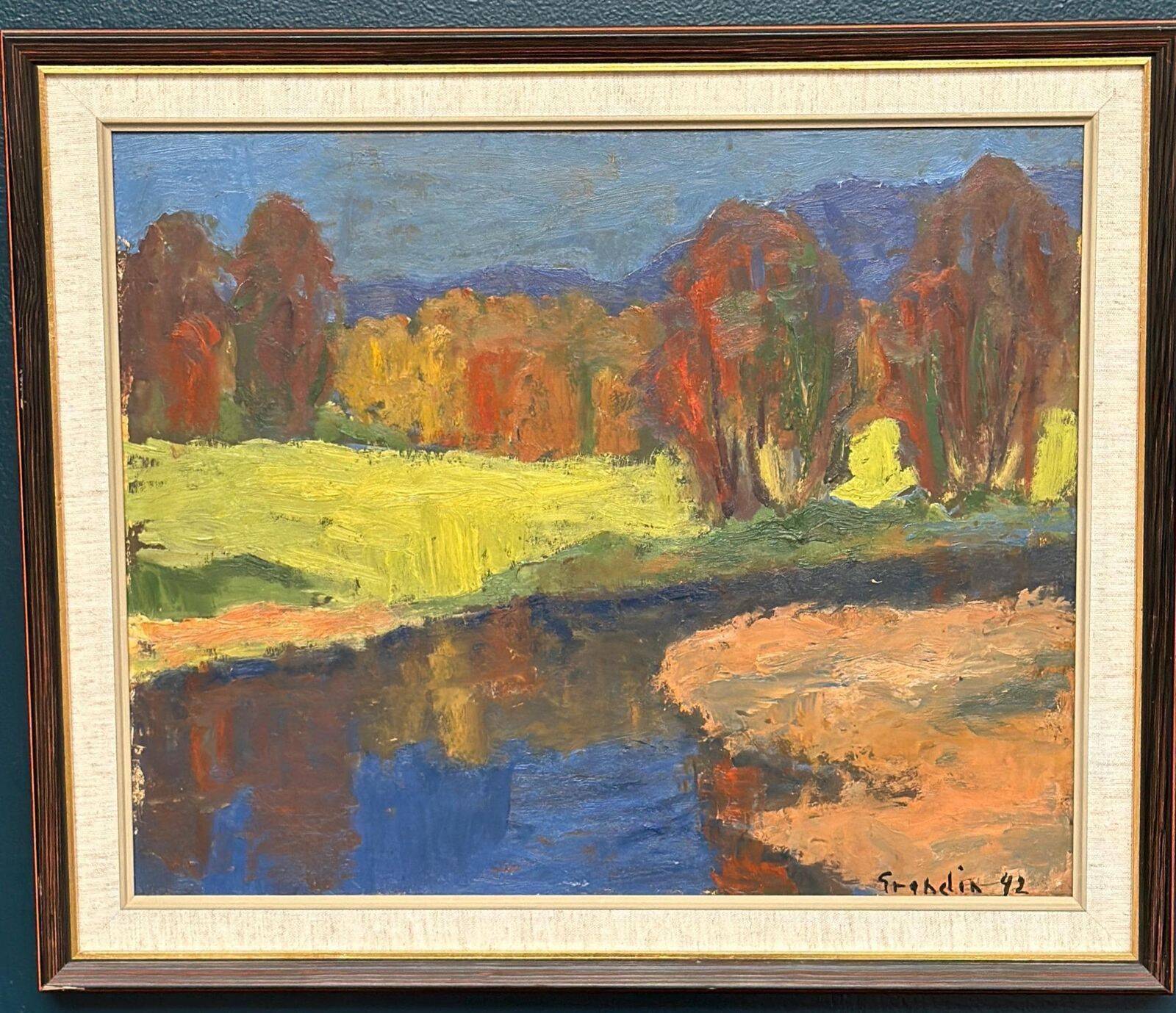 Huile sur panneau suédoise d'époque mi-siècle – « Reflets d'automne » par Svän Grandin (1906–1982) – Vintage et encadrée – 45 × 54 cm (17,7" × 21,3")