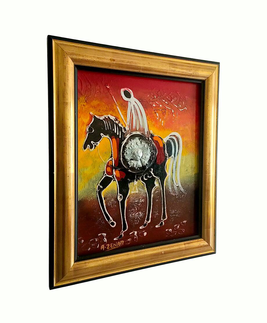Painting signed A. ZENATI (Abderrahmane, 1943) – Oil on wood panel – Cavalier Fantasia