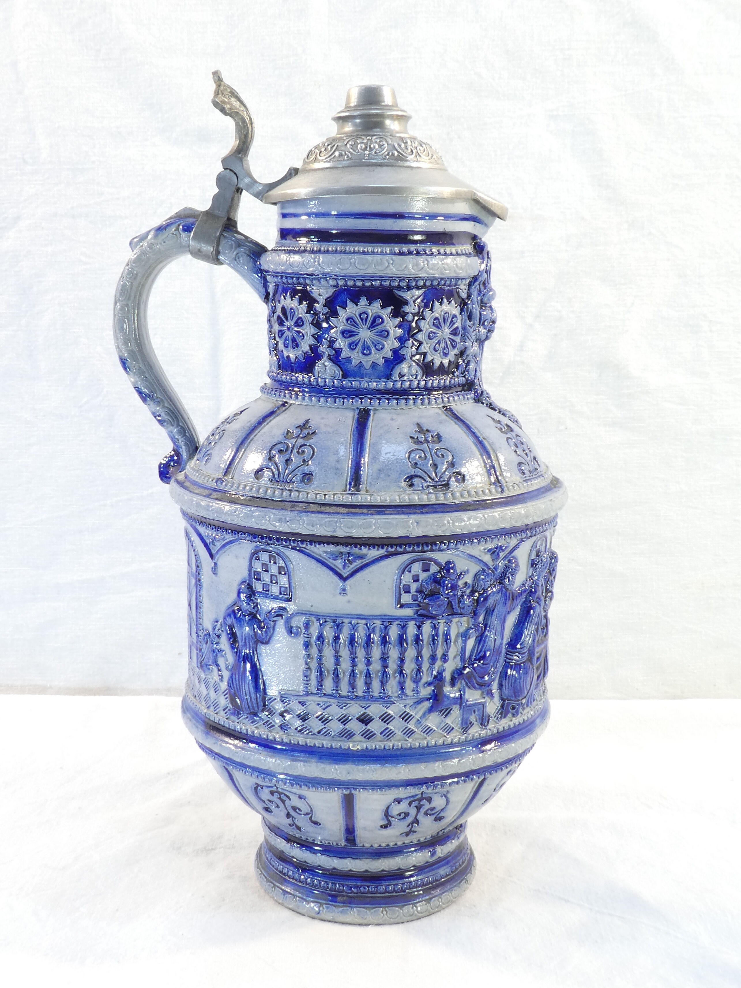Large pitcher with gres Blue Ceramic ALLEMENAND WESTERWALD Meal scene