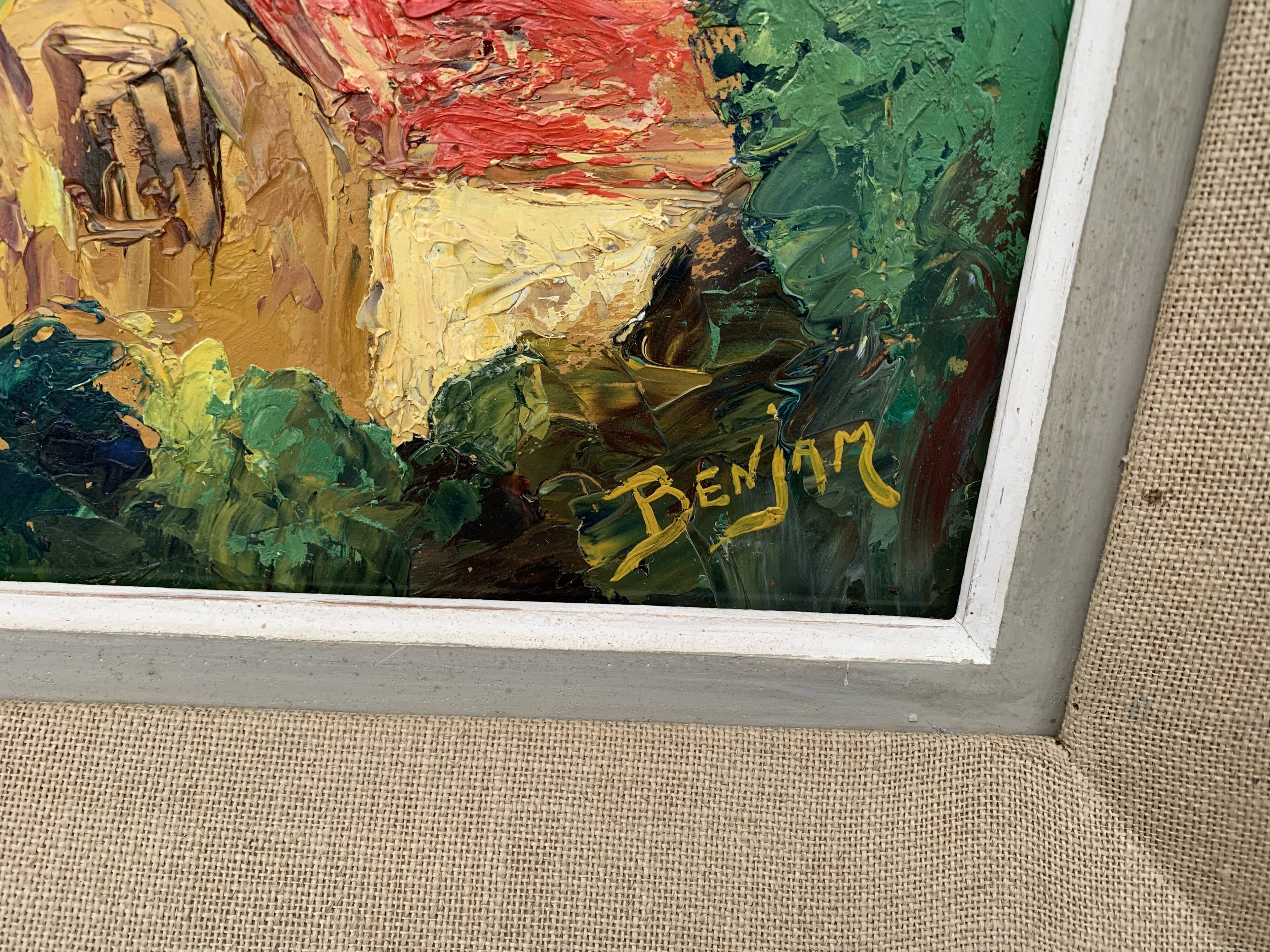 Colorful landscape painting with a river and hills signed Benjam