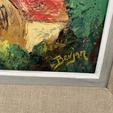 Colorful landscape painting with a river and hills signed Benjam