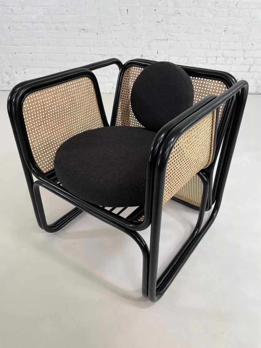 Cubic armchair in black rattan and canework